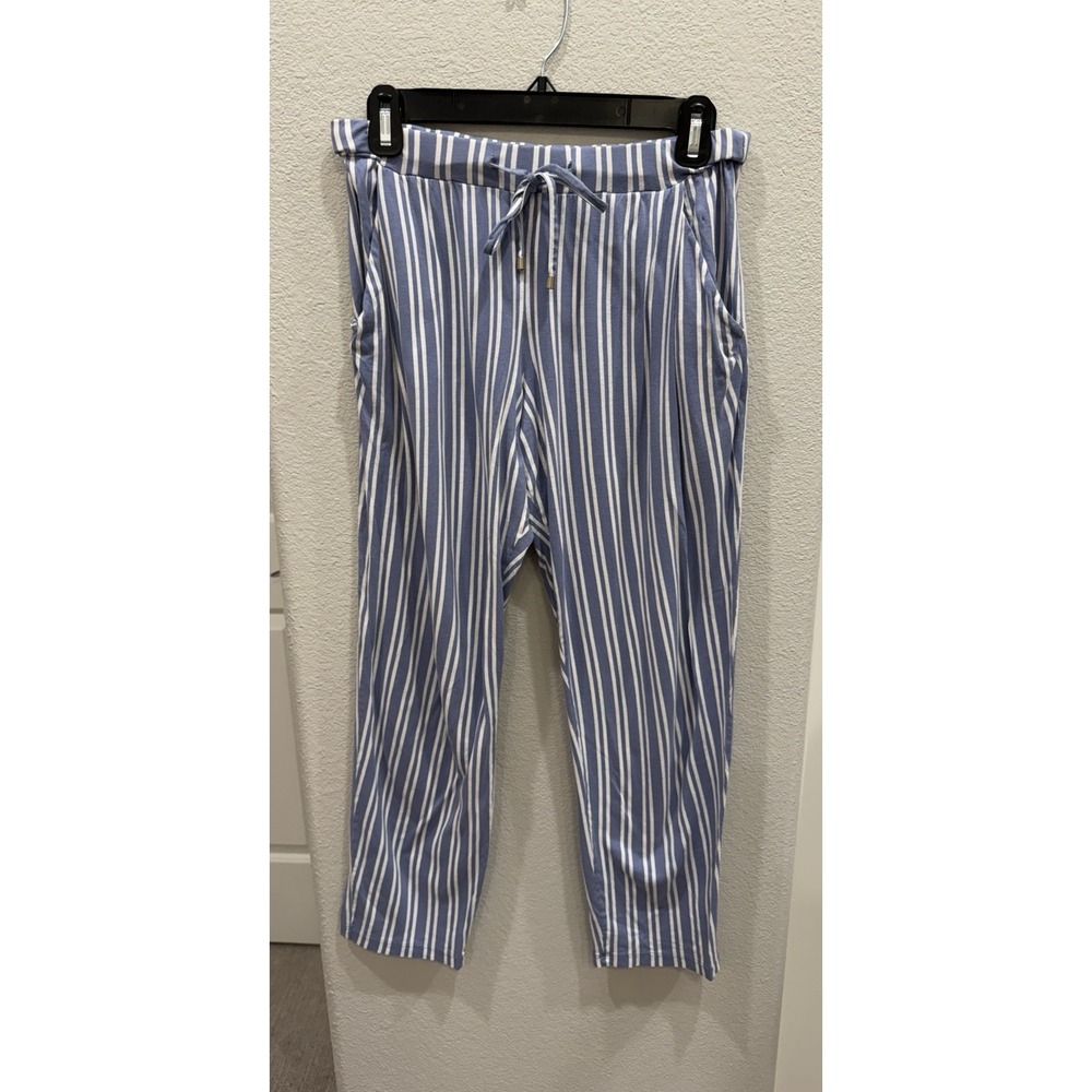 Hanro of Switzerland Cotton-Blend Blue/White Stripe Pajama Lounge Crop Pants S